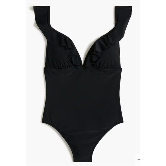 J Crew black Ruffle-shoulder V-neck one-piece swimsuit size L new - Picture 3 of 8